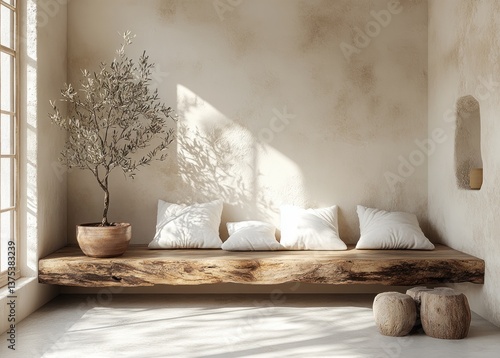 Scandinavian Style Minimalist Farmhouse Hallway Interior with Wooden Bench and Potted Olive Tree