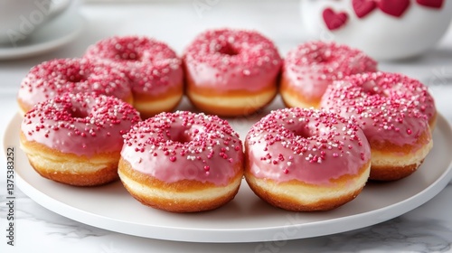 Wallpaper Mural Delicious pink frosted donuts beautifully arranged on a pristine white plate Torontodigital.ca