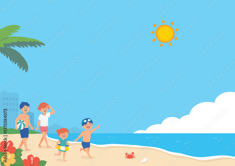 夏のビーチと家族の背景イラスト 夏のビーチと家族の背景イラスト