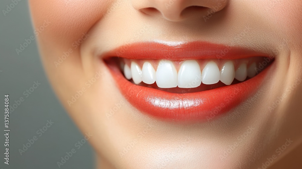 Close-up of female smile with red lips and white teeth Close-up of female smile with red lips and white teeth