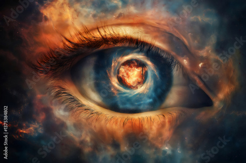 Surreal image of an eye reflecting the Helix Nebula, often called the Eye of God, creating a mesmerizing cosmic scene