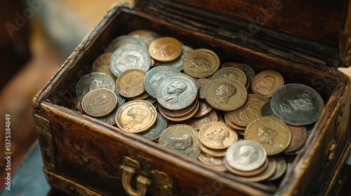 Antique wooden chest filled with vintage coins of various designs and sizes