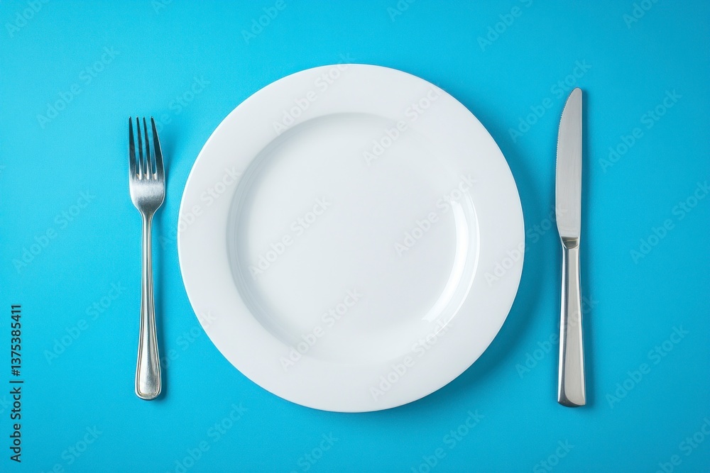 Empty Plate Setting with Fork and Knife on Light Blue Background Empty Plate Setting with Fork and Knife on Light Blue Background