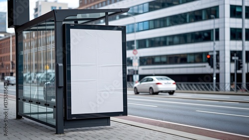 Blank Advertising Billboard at Bus Stop in Urban Cityscape – Mockup