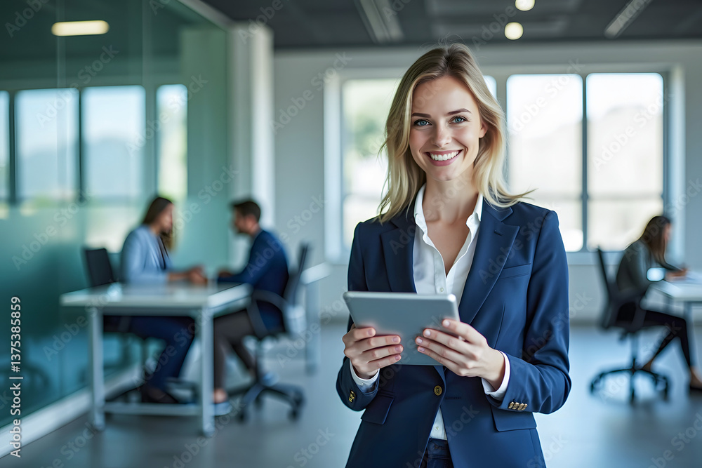 Business woman holding and using digital tablet in hand and looking with smile face in professional corporate company leader portrait in modern tech office workplace blur background Business woman holding and using digital tablet in hand and looking with smile face in professional corporate company leader portrait in modern tech office workplace blur background