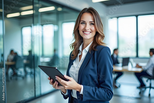 Business woman holding and using digital tablet in hand and looking with smile face in professional corporate company leader portrait in modern tech office workplace blur background