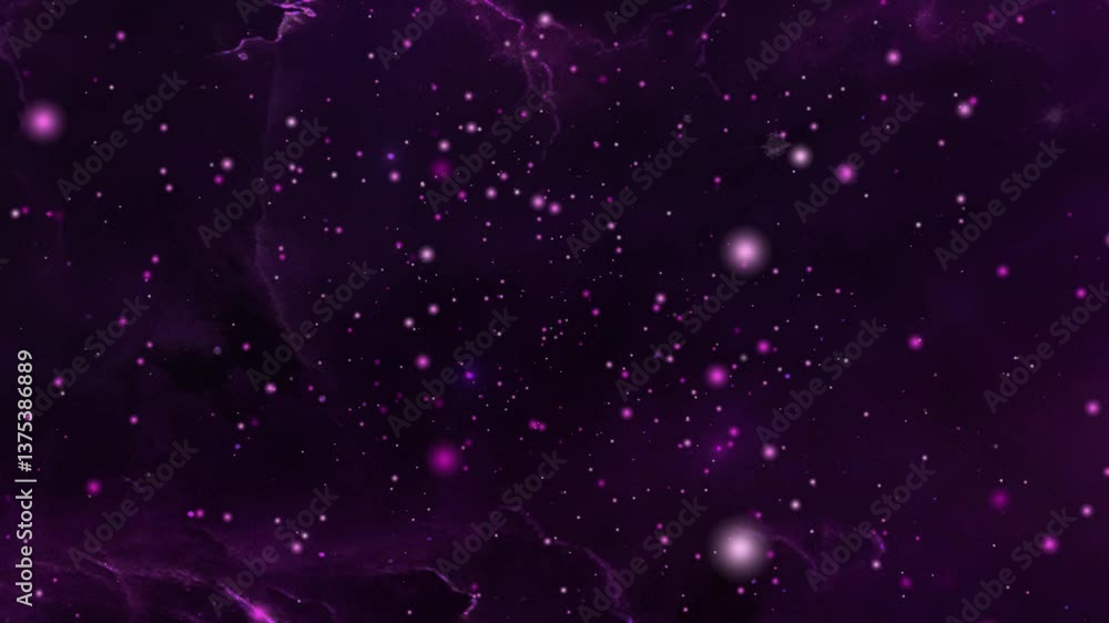 Outer space. Stars of various sizes and brightness, nebulae illuminated with pink and purple colors.