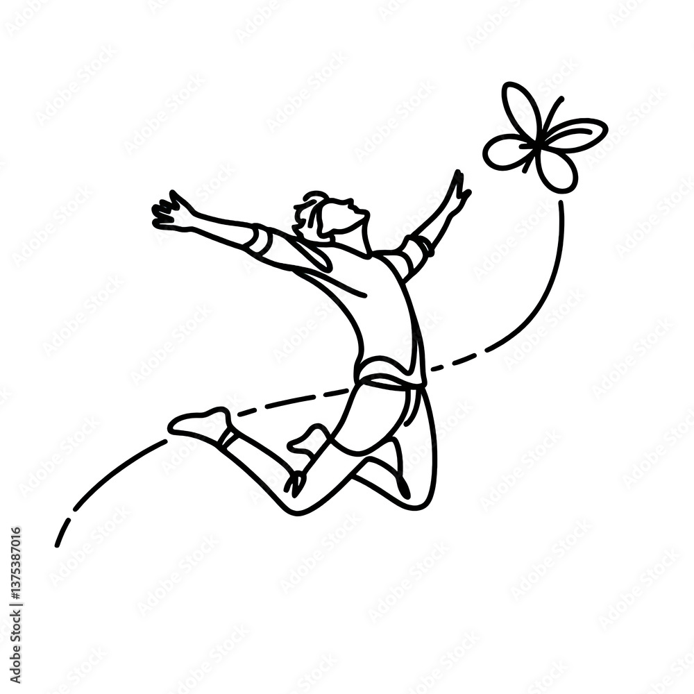 Fototapeta premium hand drawn illustration of a happy freedom man jumping one line drawing illustration , transparent background PNG image