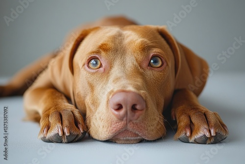 Wallpaper Mural Realistic portrait of a brown Vizsla dog lying on ground with head down looking at camera isolated over white background Torontodigital.ca