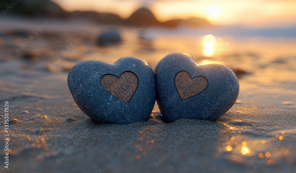Fototapeta premium Heart Shaped Stones on Sandy Surface with Concentric Waves and Evening Light