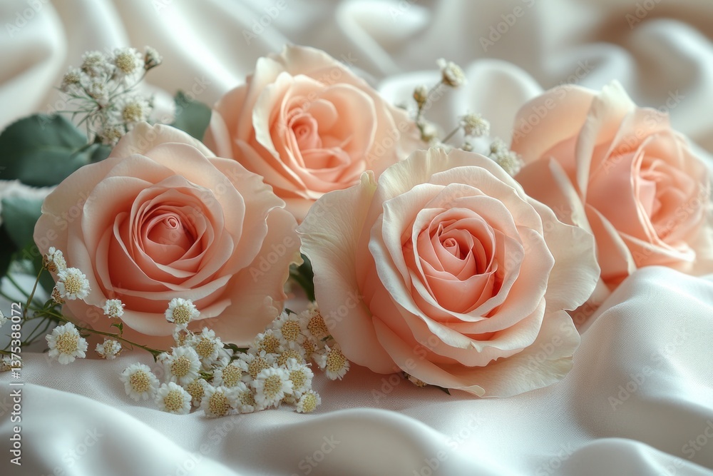 Fototapeta premium Pink Roses and White Flowers on Soft White Fabric Background Romantic Vintage Wedding Concept