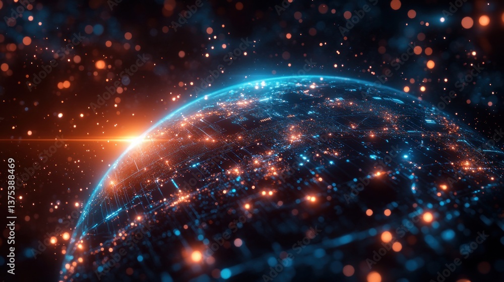 Obraz premium Futuristic Digital Global Network Visualization with Glowing Earth and Data Nodes