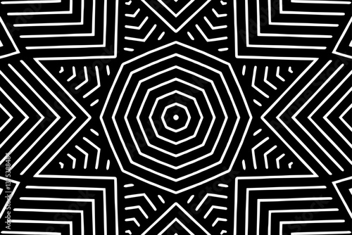 Geometric original white pattern of lines on a black background isolated. The template is suitable for laser cutting of metal, wood carving, coloring. Stencil for carving, paper, stained glass.