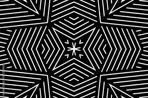Geometric decorative white pattern of lines on a black background isolated. The template is suitable for laser cutting of metal, wood carving, coloring. Stencil for carving, paper, stained glass.