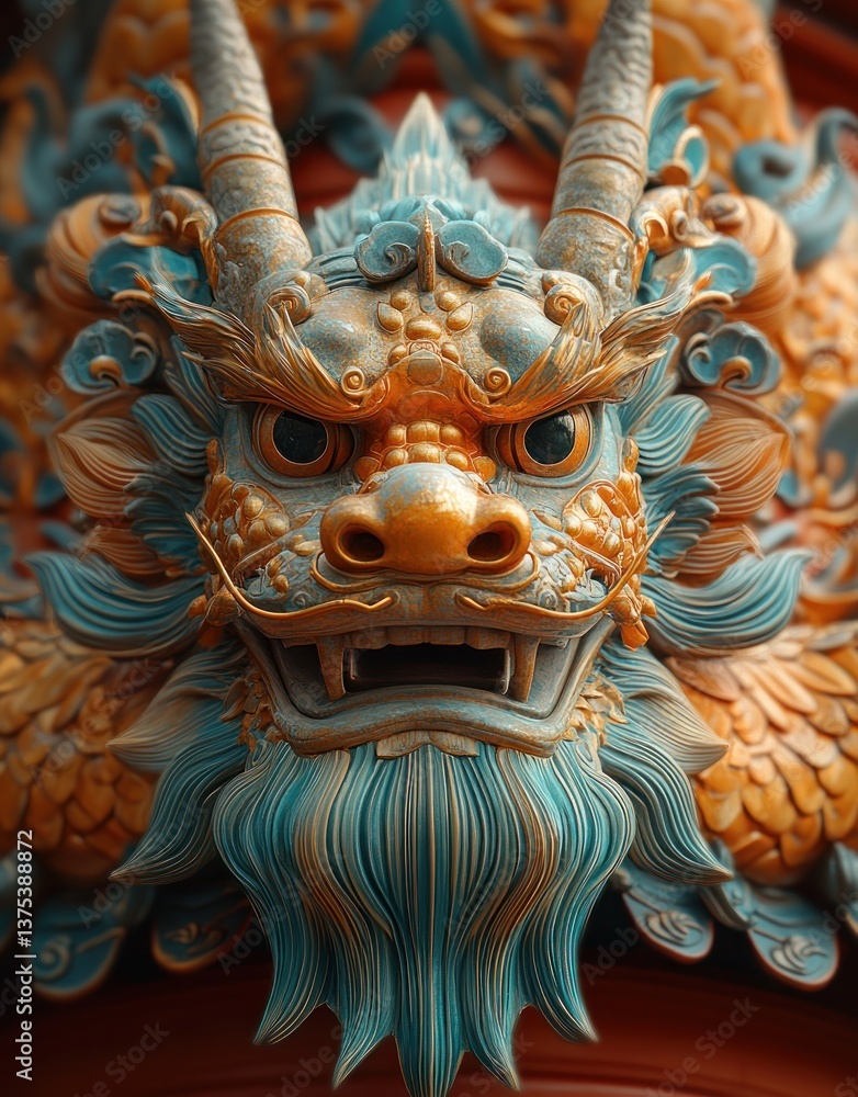 Fototapeta premium Golden Dragon Sculpture in Traditional Chinese Temple with Intricate Details and Vibrant Colors