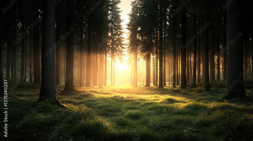Fototapeta premium Forest at sunset rays illuminate serene pathway in twilight concept. Sunlight filters through dense trees in a serene forest landscape.