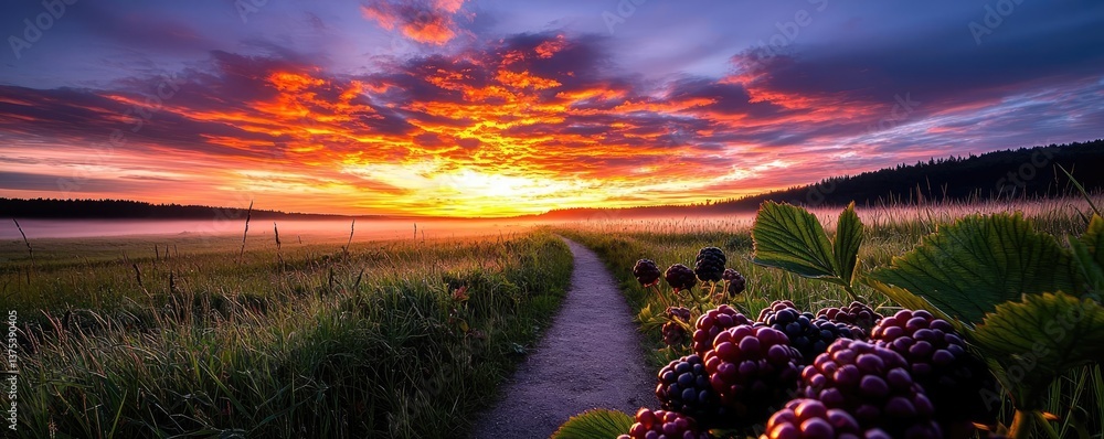 Obraz premium Summer berries sunset dramatic clouds with fiery sunbeam over tranquil mist concept. A scenic sunset highlighting a path through a vibrant landscape.