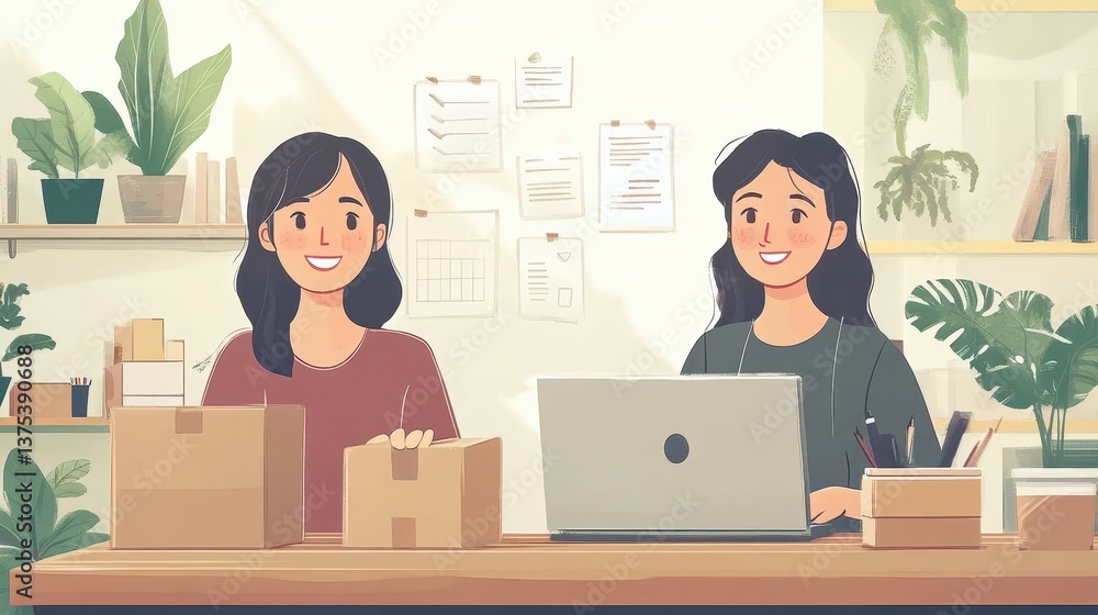 Two young asian females working on a small business project in a cozy home office setting Two young asian females working on a small business project in a cozy home office setting