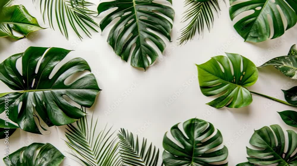 Tropical leaves lay scattered on a light surface, showcasing diverse shapes and shades of green for decor and nature lovers Tropical leaves lay scattered on a light surface, showcasing diverse shapes and shades of green for decor and nature lovers