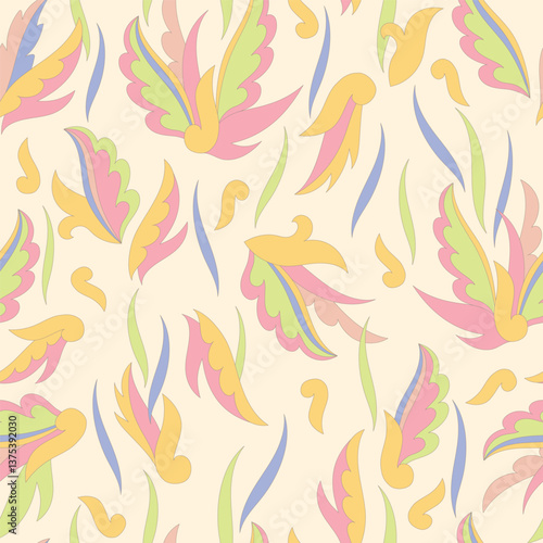 Decorative seamless pattern with abstract shapes of leaves and herbs. Artistic botanical vector background. Artisanal style of folk fairy tales allover print for fabric, textile, paper, package