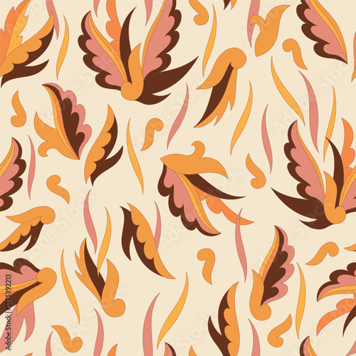 Decorative seamless pattern with abstract shapes of leaves and herbs. Artistic botanical vector background. Artisanal style of folk fairy tales allover print for fabric, textile, paper, package
