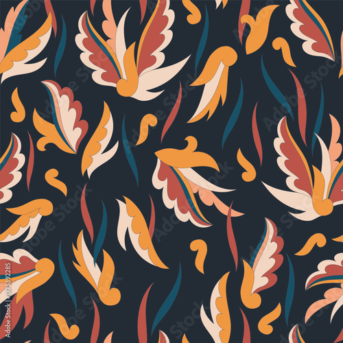 Decorative seamless pattern with abstract shapes of leaves and herbs. Artistic botanical vector background. Artisanal style of folk fairy tales allover print for fabric, textile, paper, package