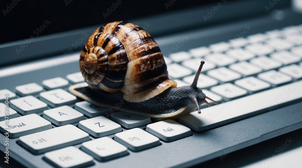 Obraz premium Snail on keyboard representing slow internet speed, loading issues, and digital frustration