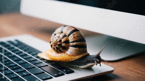 Snail on keyboard representing slow internet speed, loading issues, and digital frustration