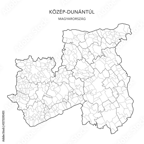 Administrative Map of the Central Transdanubia Region (Közép-Dunántúl) with Counties (Vármegyék), Districts (Járások) and Municipalities (Télépülések) as of 2024 - Hungary - Vector Map