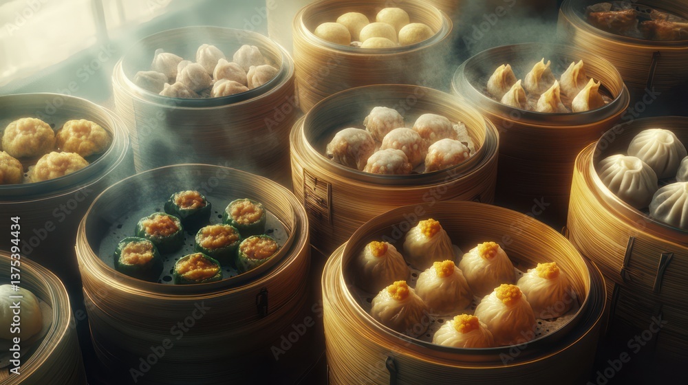 Assorted Dim Sum in Bamboo Steamer Baskets By Generated AI Assorted Dim Sum in Bamboo Steamer Baskets By Generated AI