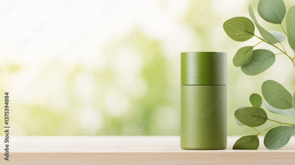 custom made wallpaper toronto digitalGreen cosmetic bottle resting on a wooden table with eucalyptus leaves, highlighting natural beauty products against a softly blurred green background