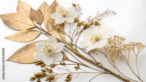 Premium Preserved Gold-Leaf Floral Arrangement, Isolated on a White Background, perfect for high-end interior decor and sophisticated botanical styling, Clean and Luxurious Botanical Stock Image