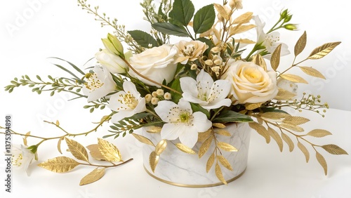 Premium Preserved Gold-Leaf Floral Arrangement, Isolated on a White Background, perfect for high-end interior decor and sophisticated botanical styling, Clean and Luxurious Botanical Stock Image