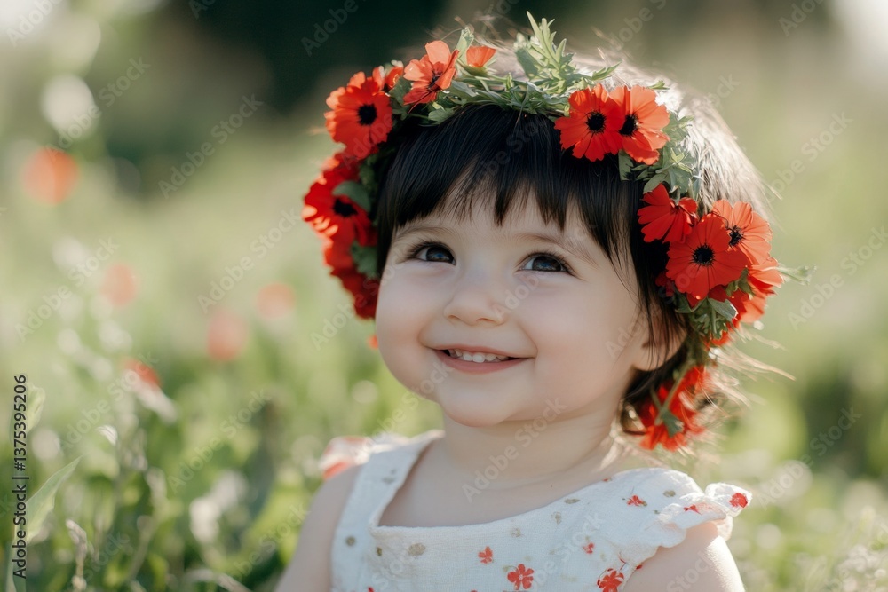 Happy warm season visual design. Golden sunrise. Happy caucasian toddler girl with black hair wearing red flower circlet on her head. Happy girl playing in the sun. Young traveler in nature. Happy warm season visual design. Golden sunrise. Happy caucasian toddler girl with black hair wearing red flower circlet on her head. Happy girl playing in the sun. Young traveler in nature.