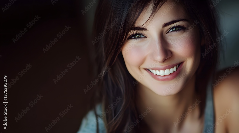 A close up portrait of a smiling woman her face illuminated by contemporary cinematic lighting that creates a captivating and alluring mood A close up portrait of a smiling woman her face illuminated by contemporary cinematic lighting that creates a captivating and alluring mood
