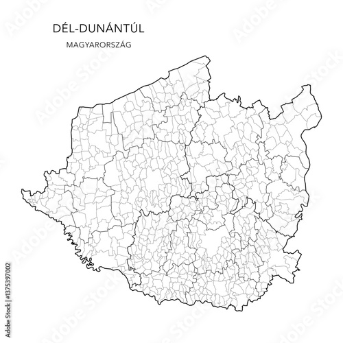 Administrative Map of the Southern Transdanubia Region (Dél-Dunántúl) with Counties (Vármegyék), Districts (Járások) and Municipalities (Télépülések) as of 2024 - Hungary - Vector Map