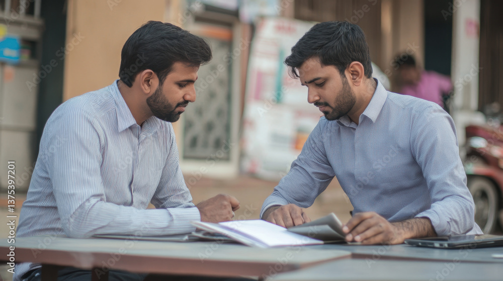 Two Businessmen Engaging in Discussion at Outdoor Workspace Setting Two Businessmen Engaging in Discussion at Outdoor Workspace Setting