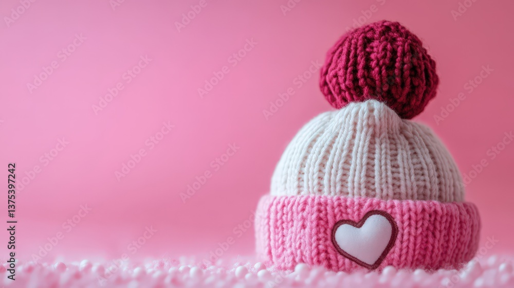 A knitted hat with a heart and pompom against a pink background