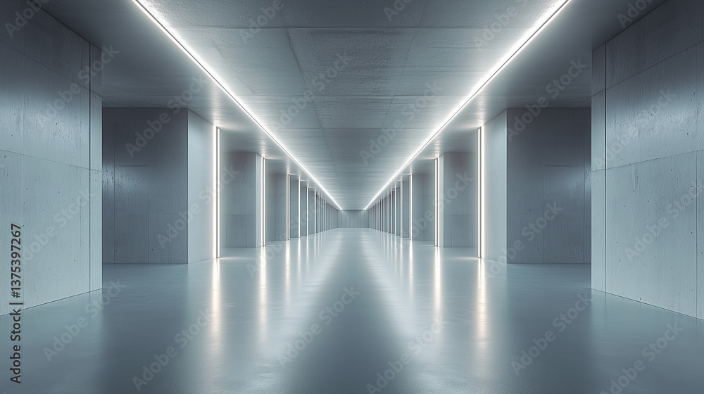 Modern concrete corridor illuminated by sleek lighting, creating a minimalist and futuristic atmosphere Generative AI