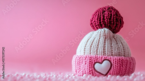 A knitted hat with a heart and pompom against a pink background
