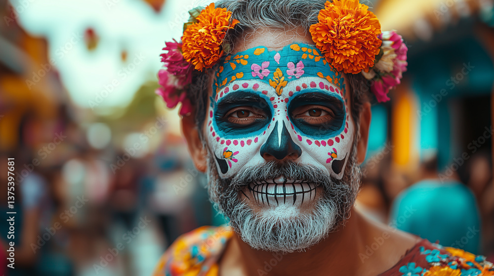 Fototapeta premium Colorful celebration of Dia de los Muertos with decorated face in Mexico