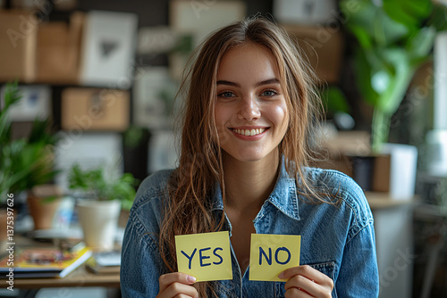 A woman holding two sticky notes, one with the word 