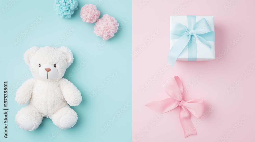 Obraz premium Banner: soft toy and gift on left, empty copy space on right
