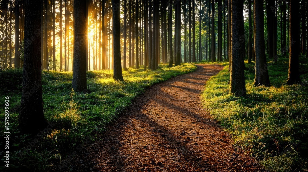 Obraz premium Forest at sunset rays illuminate serene pathway in twilight concept. A serene forest pathway illuminated by soft sunlight.