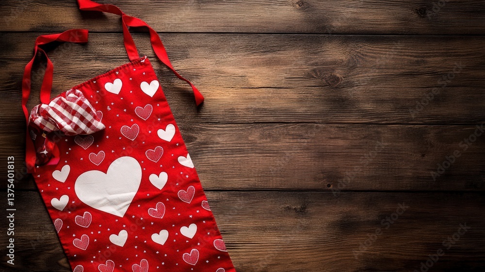 A red apron decorated with hearts laid on wooden surface