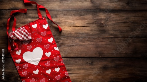 Obraz na płótnie A red apron decorated with hearts laid on wooden surface w salonie