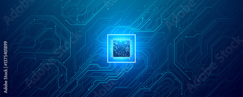 Abstract digital CPU AI chip or semiconductor with light bright neon on circuit blue board on technology background. Computer processor. Web banner or presentation tech bg. Vector illustration.
