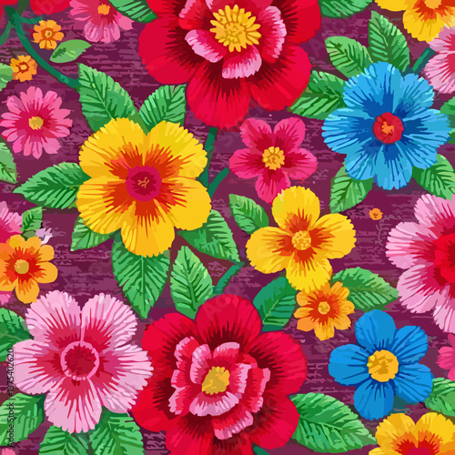Back illustration of a colorful floral pattern featuring red, pink, yellow, blue flowers with green foliage. Handmade textile art. Mixed textured stitch design Tapestry art concept. 
