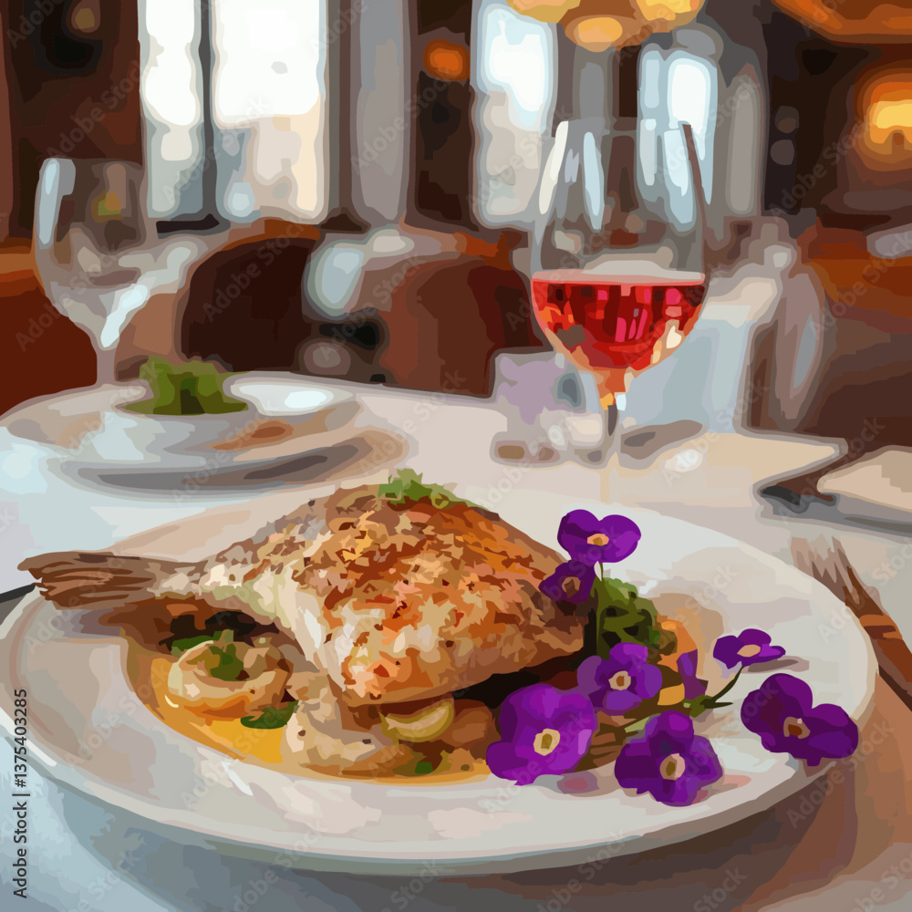 illustration A gourmet dish of grilled fish and rose wine at a restaurant. 