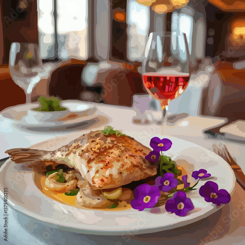 illustration A gourmet dish of grilled fish and rose wine at a restaurant. 